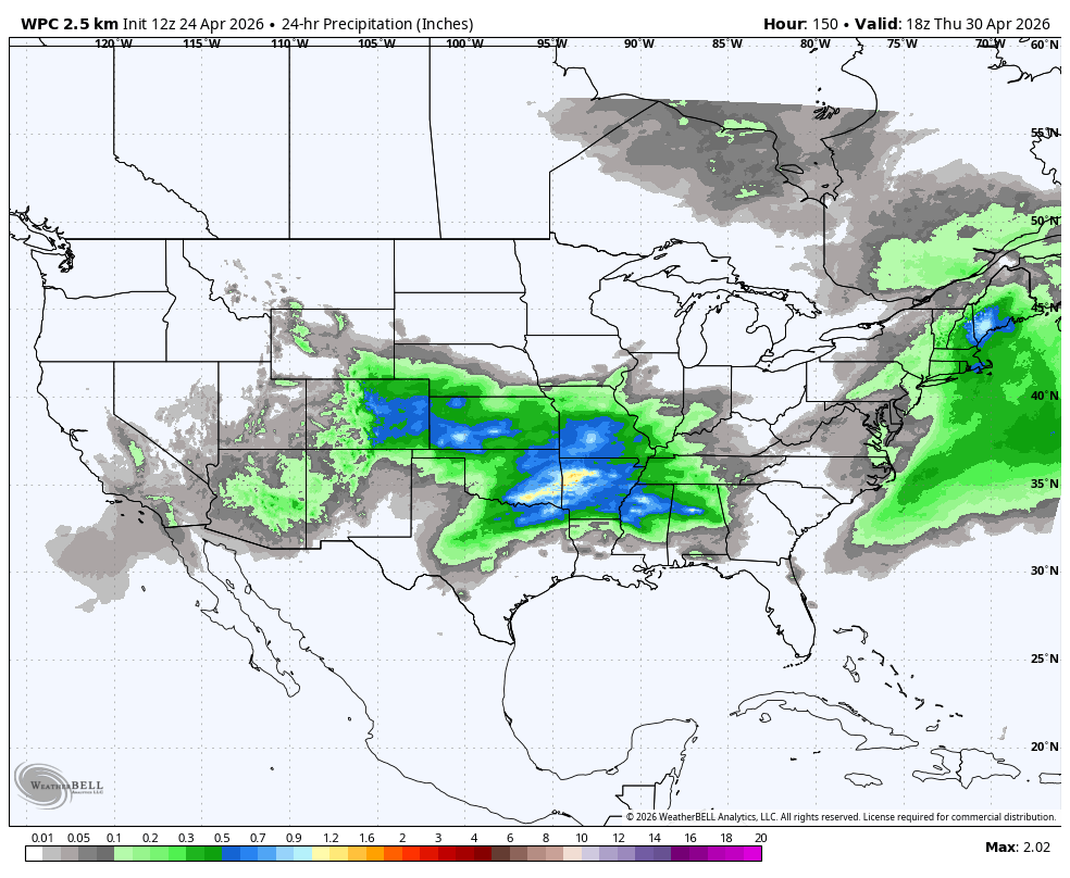 U.S. map showing forecast of precipitation in shades of green, blue, and gray over various regions.
