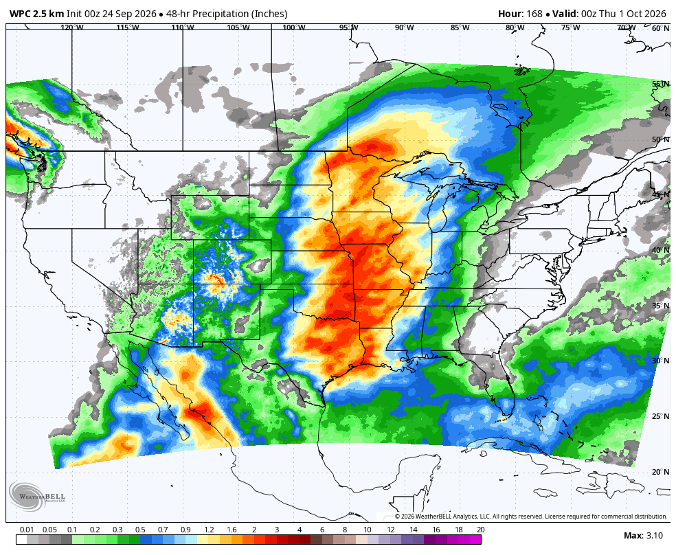 Weather map showing heavy rainfall across the central U.S., with red and orange areas indicating highest totals.