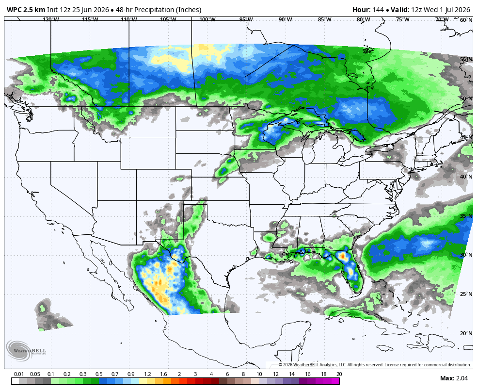 Weather map showing 48-hour precipitation forecasts across the U.S. with color-coded intensity.