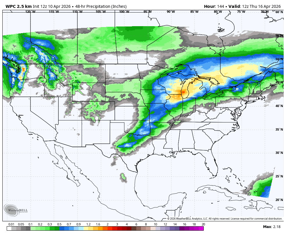 WPC projected precipitation between Tuesday and Thursday 