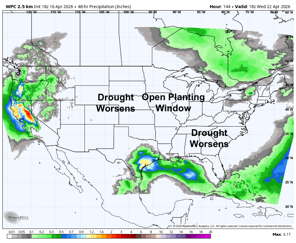 Weather map showing precipitation levels across the U.S. with areas labeled for drought and planting conditions.