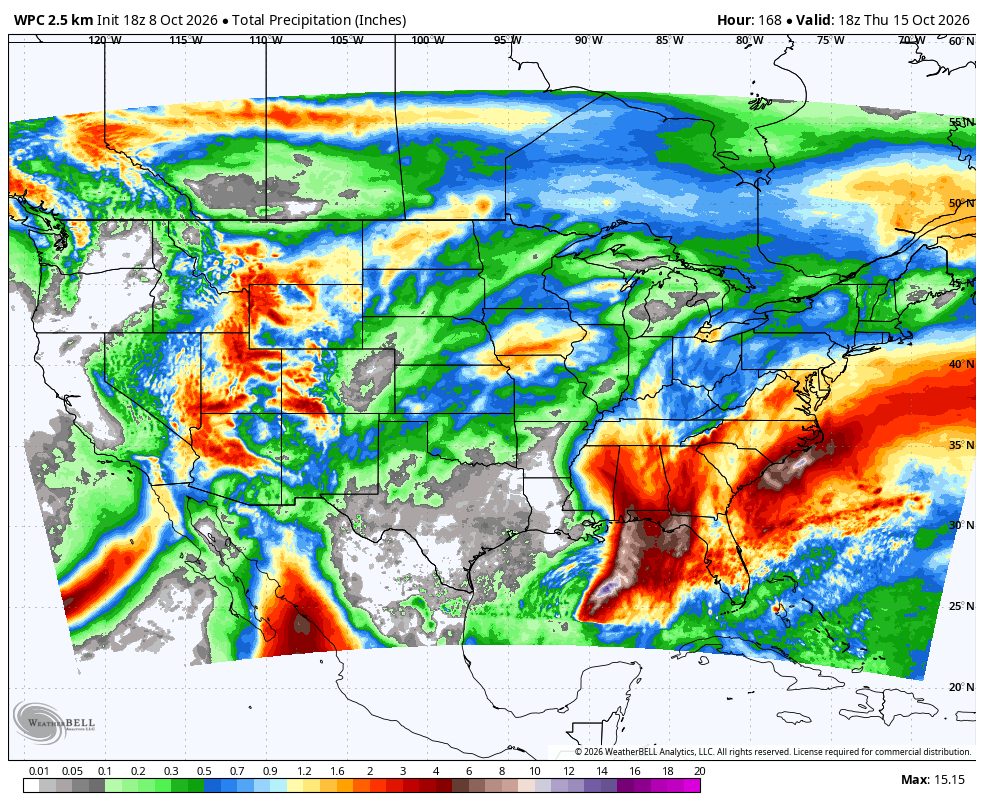 Weather map showing precipitation levels across the United States, with heavy rainfall in red areas.