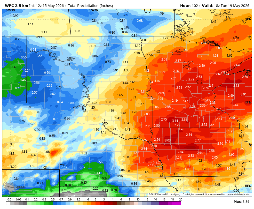 Weather map showing total precipitation in the U.S., with heavy rainfall marked in red over the Midwest.