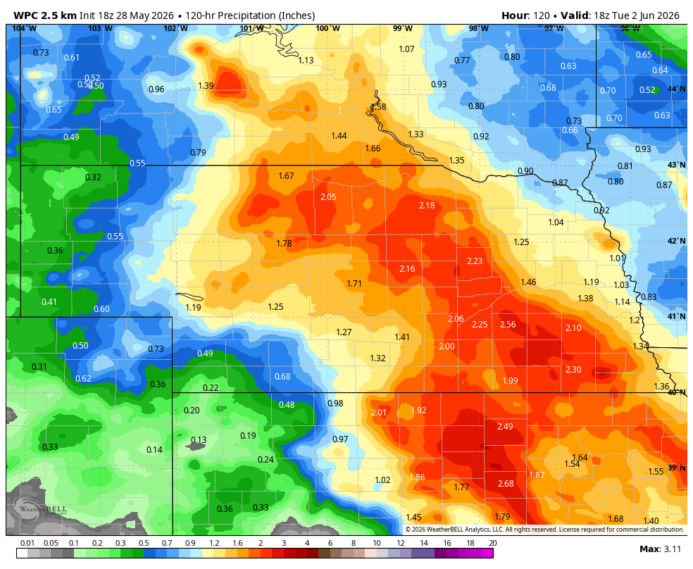 Color-coded precipitation map showing rainfall amounts across a region, ranging from green to red tones.