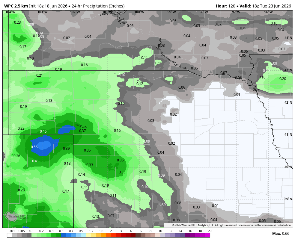 Weather map showing precipitation forecast in shades of green, blue, and gray over the central U.S.