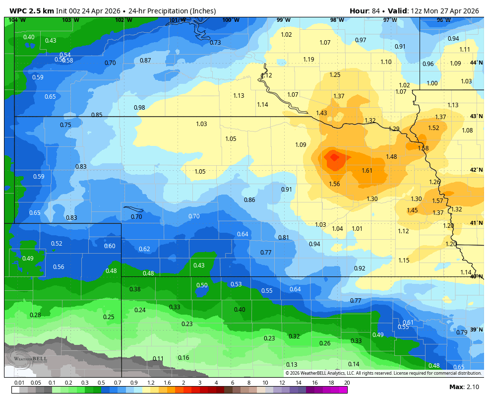 Weather map showing predicted precipitation levels in inches for April 27, 2026, across various regions.