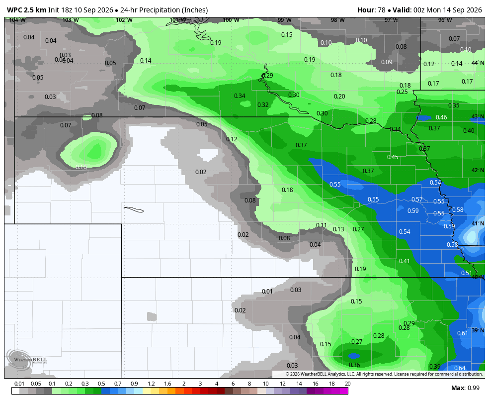 Weather map showing 24-hour precipitation forecast in inches, with green and blue shaded areas.