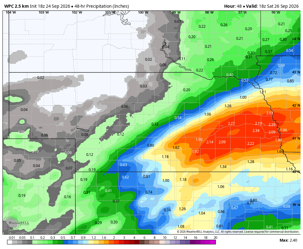 Color-coded precipitation forecast map showing rainfall totals across the Midwest over 48 hours.