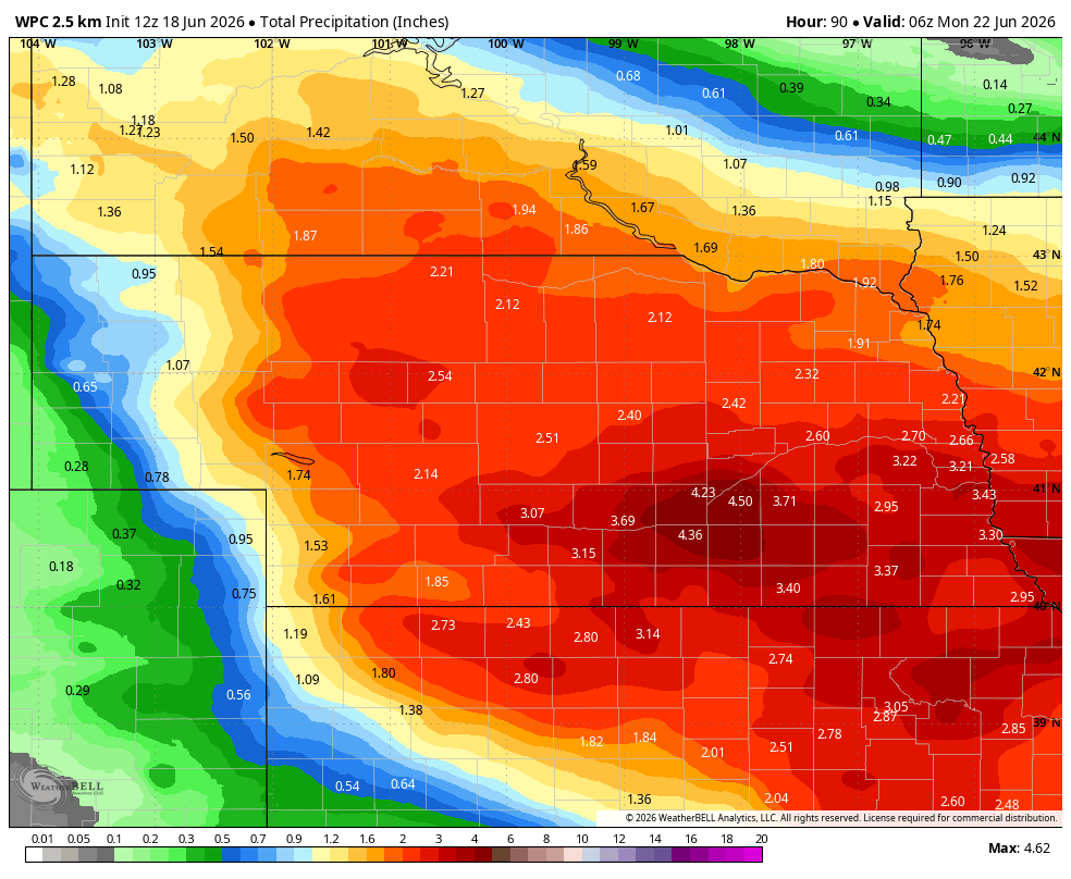 Weather map showing total precipitation forecast in inches, with red indicating higher rainfall amounts.
