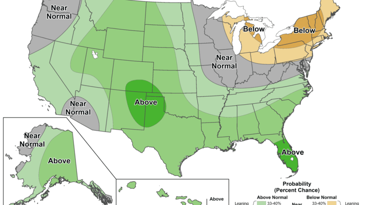 8–14 day US precipitation outlook with regions labeled above, below, or near normal likelihood.