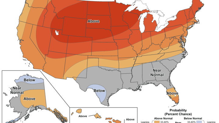 Map showing the 8-14 day U.S. temperature outlook with areas above, below, or near normal expectations.