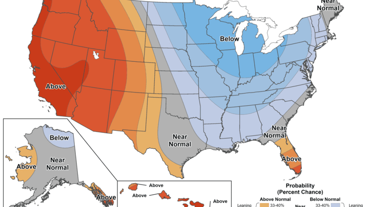 8-14 day U.S. temperature forecast map showing above-normal warmth in the west and below-normal coolness in the east.
