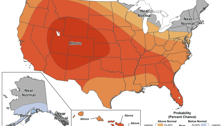 8-14 day U.S. temperature outlook map showing warmer than normal areas in red and cooler in blue-gray.