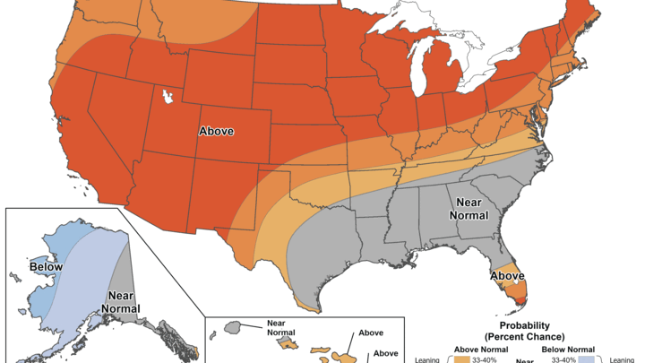 U.S. map with temperature outlook showing large areas of above-normal warmth and some regions near/below normal.