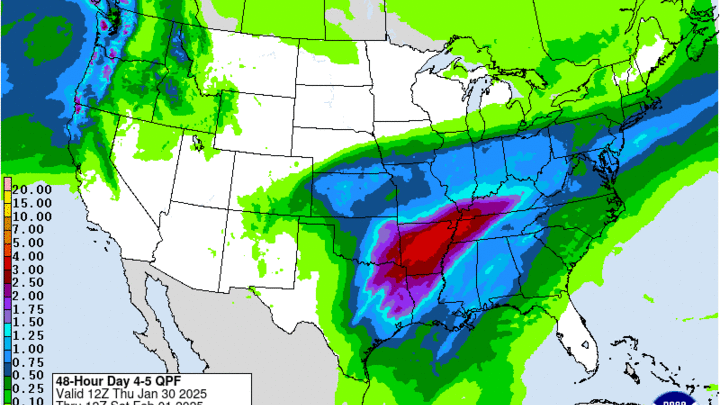 WPC projected precipitation from Thursday into Saturday morning 