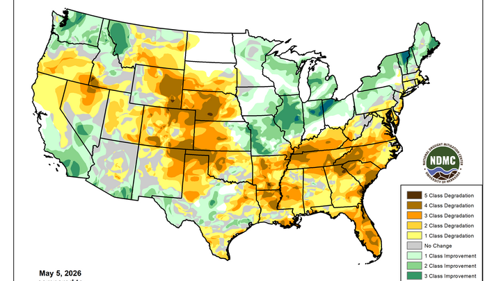 Map of U.S. showing drought class changes over 26 weeks with color-coded areas of improvement or degradation.