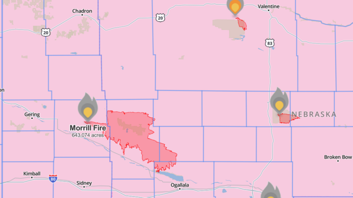 A map of the historic four fires in Nebraska from March 12th, 2026. It shows Morrill Fire with 643,074 acres burned.