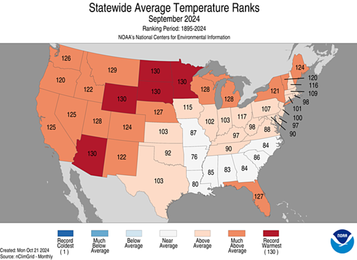 Statewide temperature rankings for September 2024