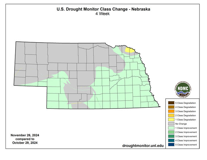 Nebraska Drought Monitor Class Change 10/29/24 to 11/26/24