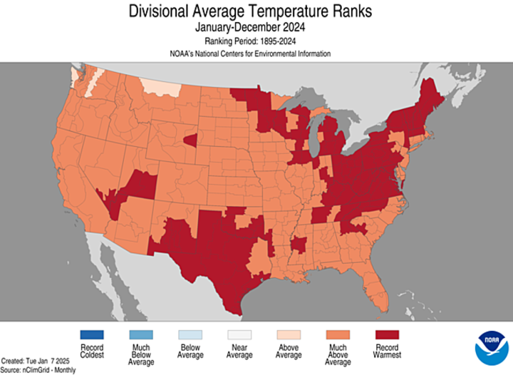 Division rankings for 2024 temperatures