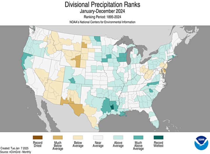 Division rankings for 2024 precipitation