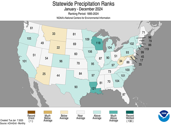 Statewide precipitation rankings in 2024