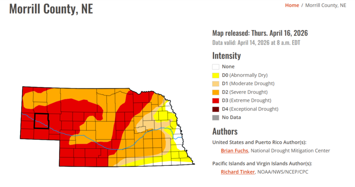 Drought intensity map of Morrill County, NE, with gradient colors indicating dry to severe drought levels.D