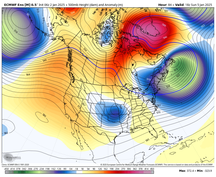 Projected 500-mb height anomalies on 1/5/2025