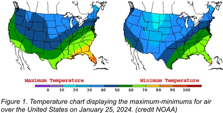 Spatial plot showing maximum and minimum trends across the continental United States. It displays dramatic lows for both variables in most states, except for Florida which has average maximum temperatures for the time.