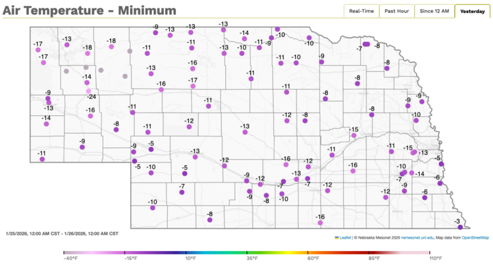 Air Temperature Minimum 24 Hour For Monday, January 26th