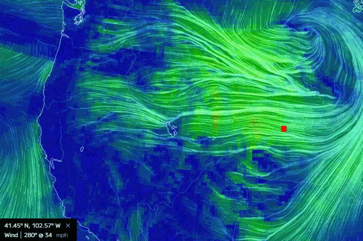 An animation of surface winds. It shows winds of up to 34mph over the Morrill Fire on March 12, 2026.