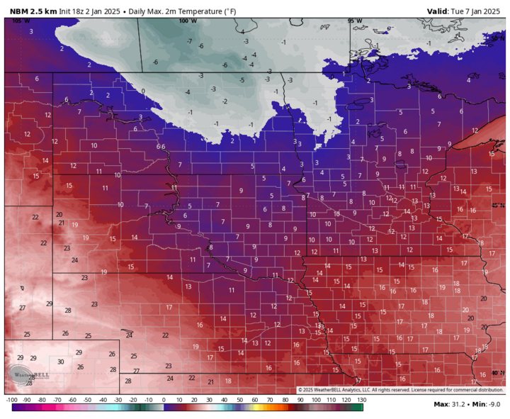Projected high temperatures for 1/7/2025